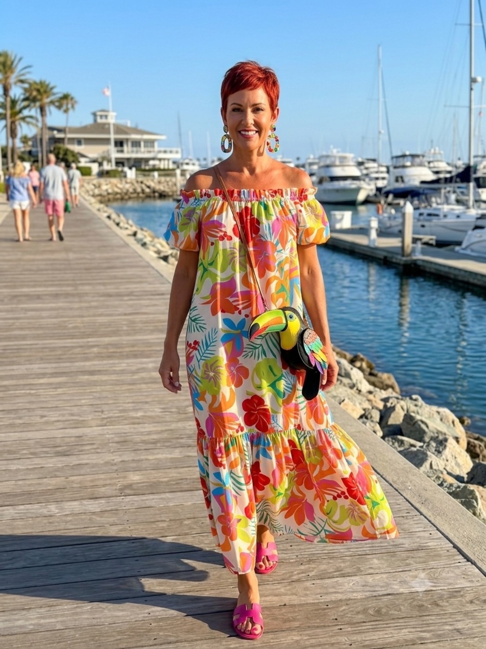 EUC Adrienne tropical floral colorful tiered off shoulder maxi dress size S